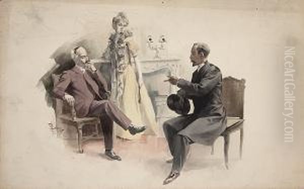 An Interior With Two Seated 
Gentlemen And A Lady Resting Her Arm On A Mantlepiece; Also Seven Other 
Illustrations By The Same Hand (8) Oil Painting by Rene Lelong