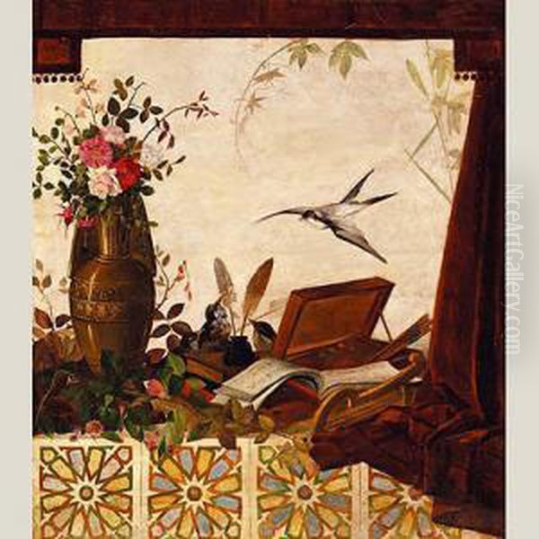 Flores Y Pajaros En El Alfeizar Oil Painting by Horacio Lengo y Martinez