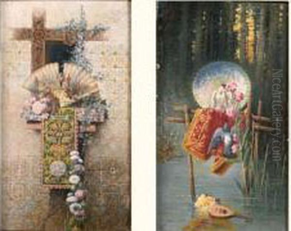 Paire De Natures Mortes A L'eventail Oil Painting by Horacio Lengo y Martinez