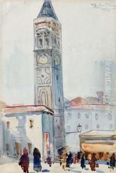 Piazza Con Campanile - 1932 Oil Painting by Giovanni Lentini