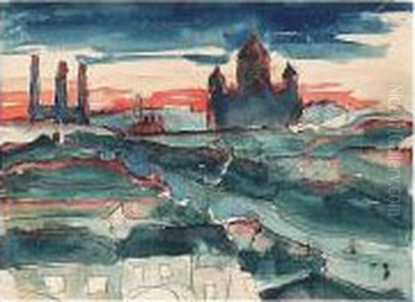 Crimson Sunset; View Of Moscow 
From The Artist's Studio Showing The Cathedral Of Christ The Saviour And
 The Moscow Electricity Station (moges) Oil Painting by Aristarkh Vasilievic Lentulov