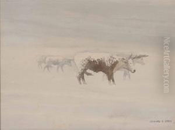 Cattle In A Blizzard Oil Painting by H. Reedy Leonard