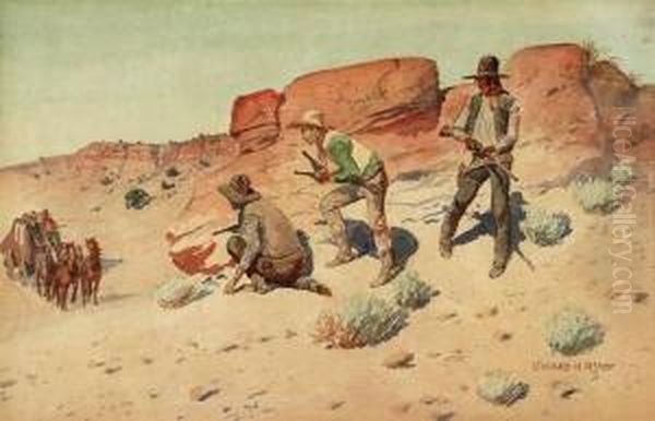 Outlaws Waiting On The Trail, Signed Lower Right: Leonard H. Reedy Oil Painting by H. Reedy Leonard