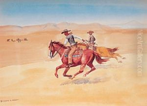 A Race For The Wagons Oil Painting by H. Reedy Leonard
