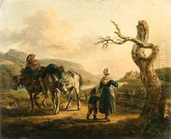 A Traveller On Horseback Conversing With A Mother And Child On Apath Oil Painting by Auguste-Xavier Leprince