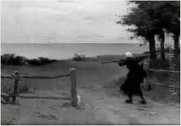 Paysanne Partant A La Peche Oil Painting by Henri Lerolle