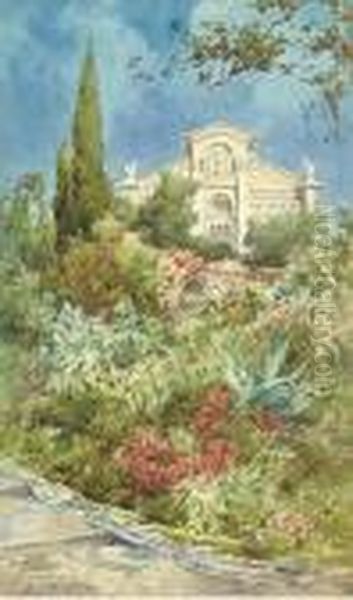 Exotic Blooms By The Church 
Steps; And A Bridge Above A Viaduct Over A Mediterranean Gorge Oil Painting by Ernest Louis Lessieux
