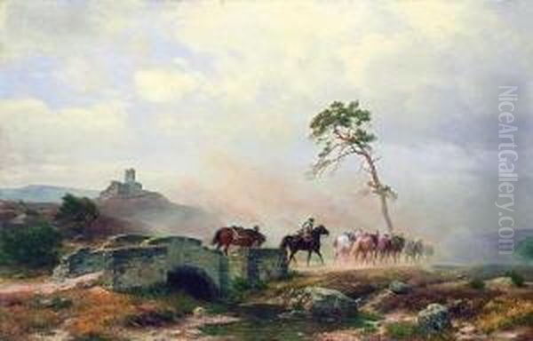 Ziehende Landsknechte Mit Pferden
 Bei Einer Steinbrucke Oil Painting by Carl Friedrich Lessing