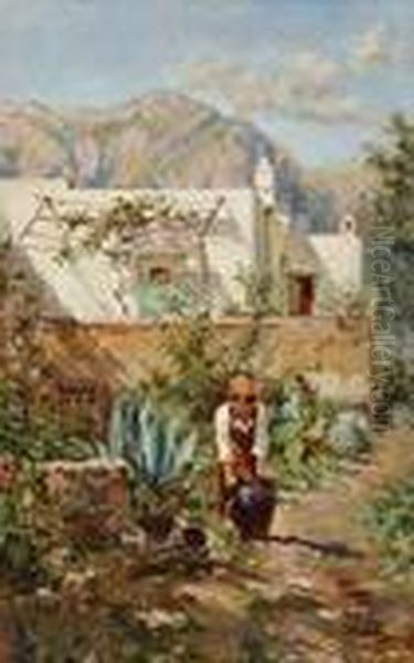 Suditalienische Landschaft Mit 
Einer Jungen Frau Und Einem Hund Im Garten Eines Landhauses Oil Painting by Antonino Leto