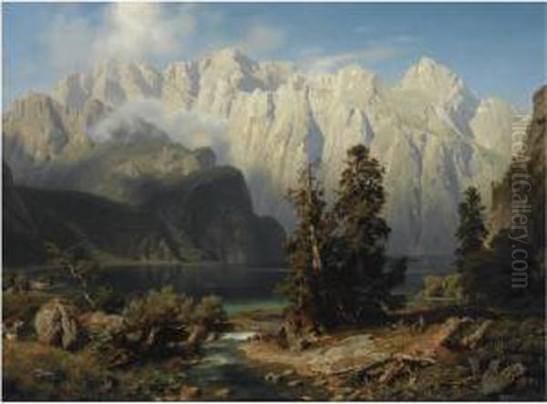 Mountainous Landscape Oil Painting by August Wilhelm Leu