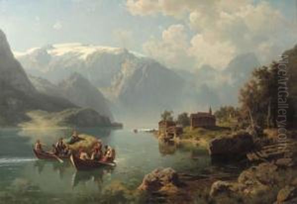 A Cheerful Encounter On An Alpine Lake Oil Painting by August Wilhelm Leu