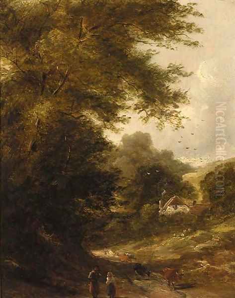 Drovers with cattle on a wooded path Oil Painting by Thomas Creswick