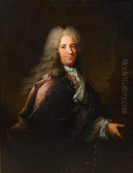 Portrait Of A Gentleman, 
Three-quarter-length,in A Purple Coat And A Blue And Gold Brocade 
Waistcoat, Standingbefore A Column Oil Painting by Robert Tournieres