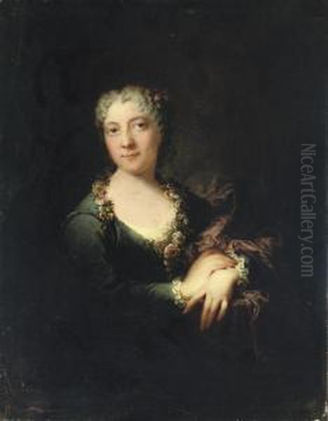 Portrait Of A Lady, Half-length,
 In A Blue Dress With A Purplewrap, Wearing Flowers Around Her Neck Oil Painting by Robert Tournieres