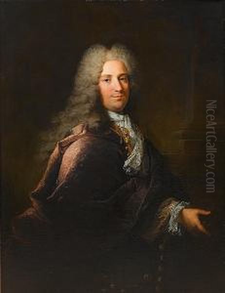 Portrait Of A Gentleman, 
Three-quarter-length, In A Purple Coat And A Blue And Gold Brocade 
Waistcoat, Standing Before A Column Oil Painting by Robert Tournieres