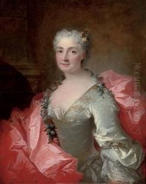 Portrait Of A Lady Said To Be 
Duchesse De Chateauroux, Seated, Half-length, In A Lace Trim Dress With A
 Red Silk Wrap, Flowers In Her Hair And A Garland Of Flowers Around Her 
Neck Oil Painting by Robert Tournieres