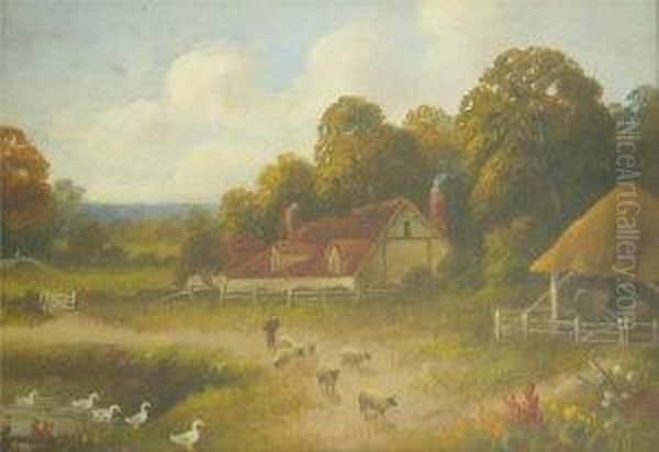 J H Lewis, Oil On 
Board,landscape With Shepherd, Sheep, Ducks In A Pond And Buildings, 
7insx 1ins Oil Painting by J. Lewis