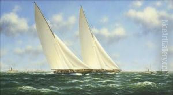 America's Cup J Class Yachts 
Racing With A Large Spectator Fleet Ofsteam Yachts In The Distance Oil Painting by J. Lewis