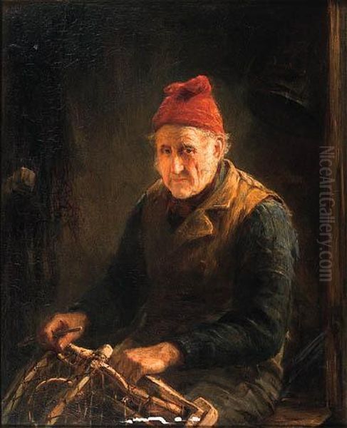 Mending The Lobster Pot Oil Painting by Otto Leyde