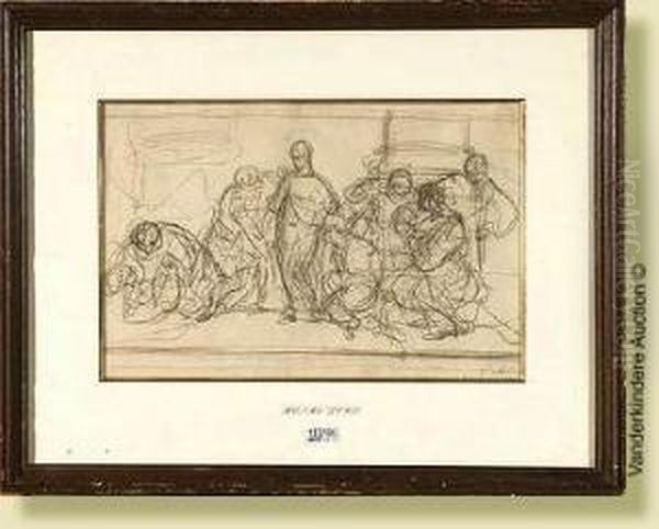 Lechrist Au Milieu De Ses 
Apotres, Fusain Sur Papier (esquisse).attribue A Henri Leys. Ecole 
Belge. Dim.: 25x37cm Oil Painting by Henri Leys