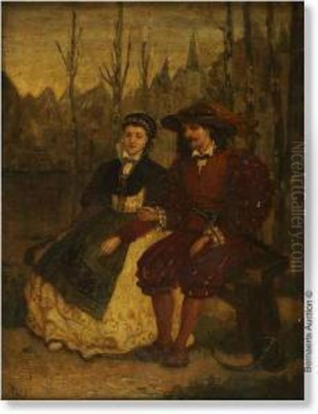 Couple Seated On A Bench With A 
City In The Background. Panel (mahogany). Signed H Leys. Nice Frame From
 The Period In Gilt Wood. Oil Painting by Henri Leys