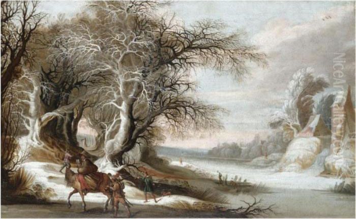 A Winter Landscape With Men 
Returning From The Hunt, And A Woman With A Child On Horseback Oil Painting by Gijsbrecht Leytens