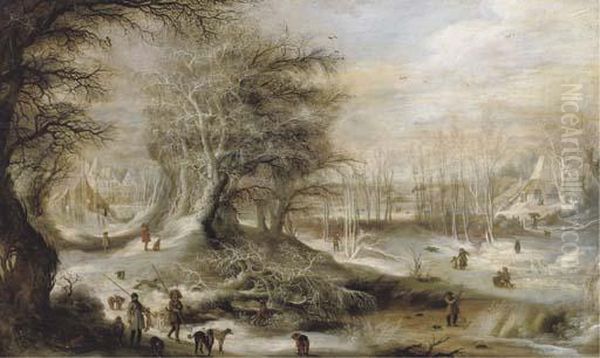 A Winter Landscape With Hunters 
On A Forest Track And Children Playing On A Frozen River, Villages 
Beyond Oil Painting by Gijsbrecht Leytens