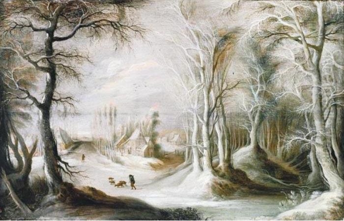 A Winter Landscape With A 
Peasant Walking Through Snow, A Small Village In The Background Oil Painting by Gijsbrecht Leytens