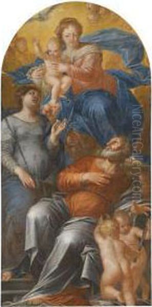 An Altarpiece With The Madonna 
And Child Enthroned Flanked Bysaints Apollonia And Bartholomew Oil Painting by Pietro Liberi