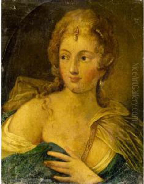 Portrait Of A Lady, Head And 
Shoulders, Wearing A White Chemise And A Blue Shawl, With Pearls In Her 
Hair Oil Painting by Pietro Liberi