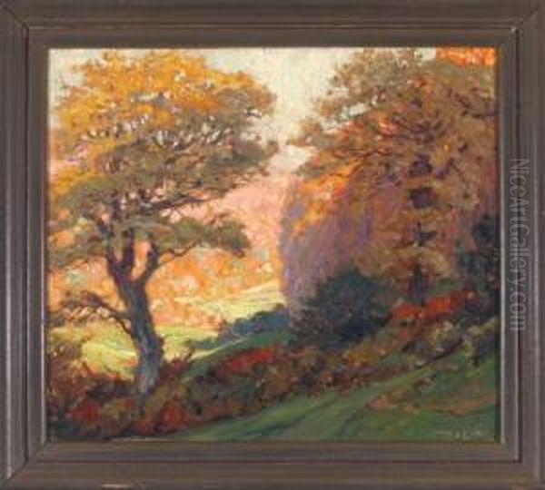 Blick Von Einer Bewaldeten 
Schattigen Anhohe Mit Einigen Rehen Ins Lichtdurchflutete Werratal Oil Painting by Hans Licht