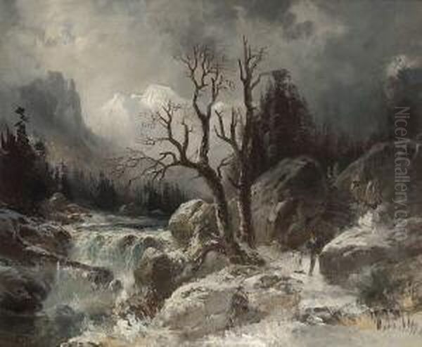 Winterliche
 Gebirgslandschaft. Oil Painting by Adolf Heinrich Lier
