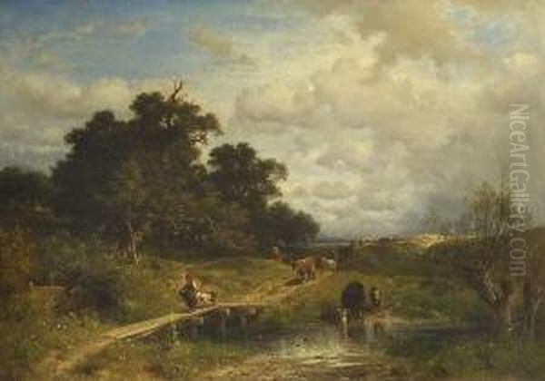 Spatsommerliche Baumlandschaft Mit
 Kuhen Auf Dem Heimweg. Oil Painting by Adolf Heinrich Lier
