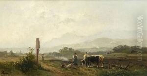 Bauern Bei Der Feldarbeit In
 Vorgebirgslandschaft. Oil Painting by Adolf Heinrich Lier