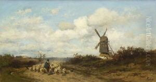 Schafer Mit Seiner Herde Bei Einer
 Windmuhle. Oil Painting by Adolf Heinrich Lier