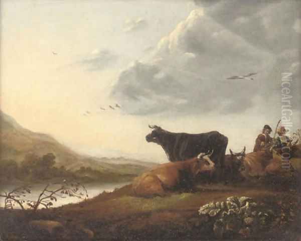 Cattle and drovers in a river landscape Oil Painting by Aelbert Cuyp