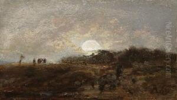 Hirte Mit Schafen In
 Mondscheinlandschaft. Oil Painting by Adolf Heinrich Lier