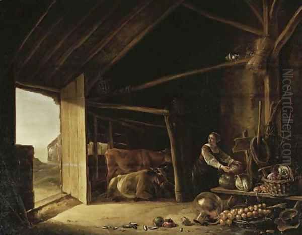 A barn interior with cattle and a maid fetching vegetables Oil Painting by Aelbert Cuyp
