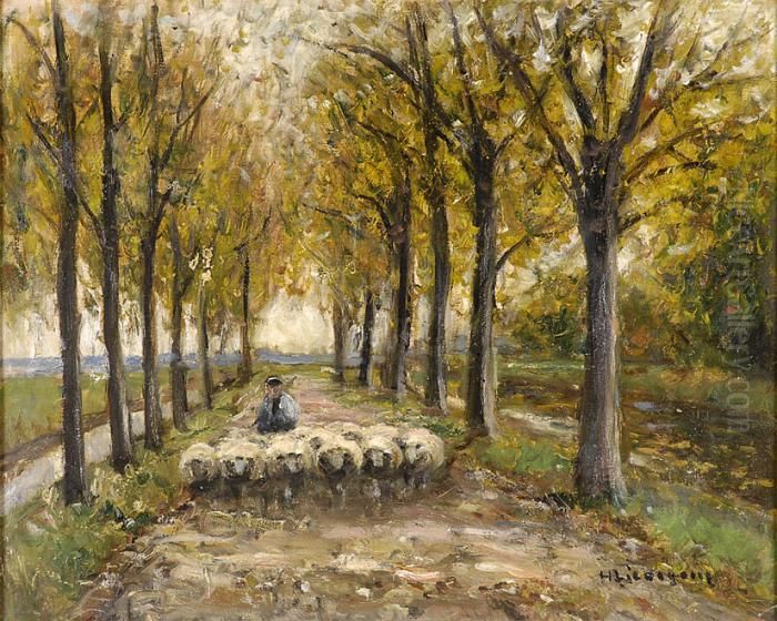 Herbstliche Allee Mit Schafherde. Oil Painting by Helmut Liesegang