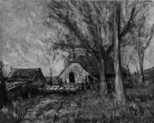 Landschaft Mit Einer Schafherde 
Vor Einem Bauernhaus. Signiert Unten Rechts: H. Liesegang. Ol Auf 
Leinwand. H 40; B 50 Cm. Oil Painting by Helmut Liesegang