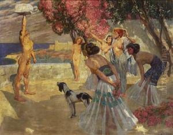 Haremsdamen Mit Steinstemmendem Adonis Auf Sudlicher Meeresterasse. Oil Painting by Hans Lietzmann