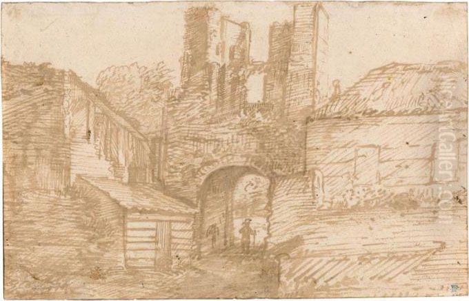 The Outer Gate Of The Ruins Of Brederode Castle Oil Painting by Jan Lievens