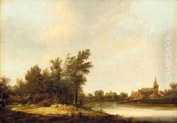 A river landscape with cows on a bank, a view of Dordwyk beyond Oil Painting by Aelbert Cuyp