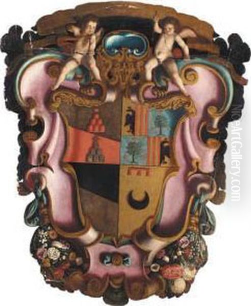 A Stemma Celebrating The 
Marriage Of Antonio Di Francesco Di Giovanni Battista Michelozzi And 
Maria Maddelena Di Pier Giovanni Di Cosimo Geraldini Oil Painting by Bartolomeo Ligozzi