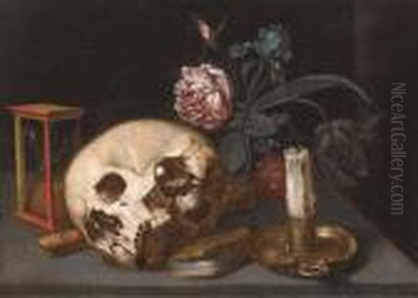 A Vanitas Still Life With A 
Skull, An Hourglass, A Recorder, Acandle And Candlestick And Mixed 
Flowers On A Table Oil Painting by Jacques Linard