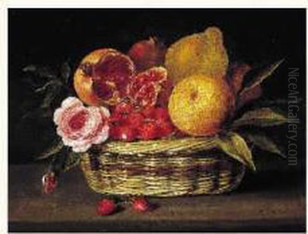 Nature Morte Aux Fraises, Citrons, Roses Et Grenades Dans Une
 Corbeille D'osier Sur Un Entablement Oil Painting by Jacques Linard