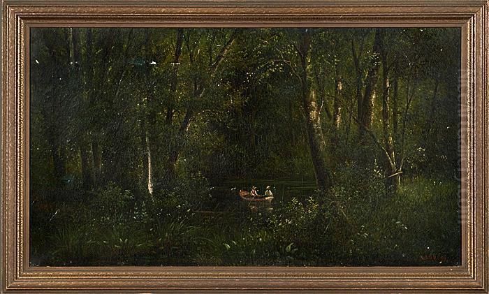 Figures On Canoe Oil Painting by Thomas Corwin Lindsay