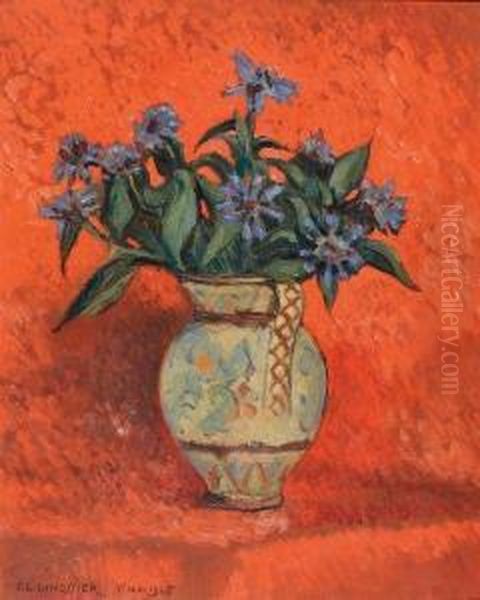 Fleurs Bleues Dans Un Pot En Ceramique Oil Painting by Claudius Linossier
