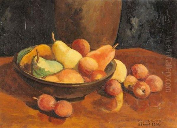 Nature Morte Aux Poires Et Prunes Oil Painting by Claudius Linossier
