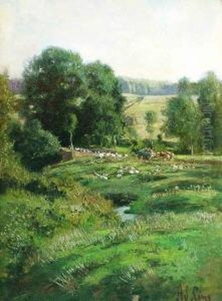 Weite Sommerlandschaft Mit 
Ganseschar Und Fuhrwerk. Ol Auf Malkarton. 49 X 37 Cm. Rechts Unten 
Signiert. Gerahmt. Kleiner Partieller Farbverlust. Oil Painting by Adolf Lins